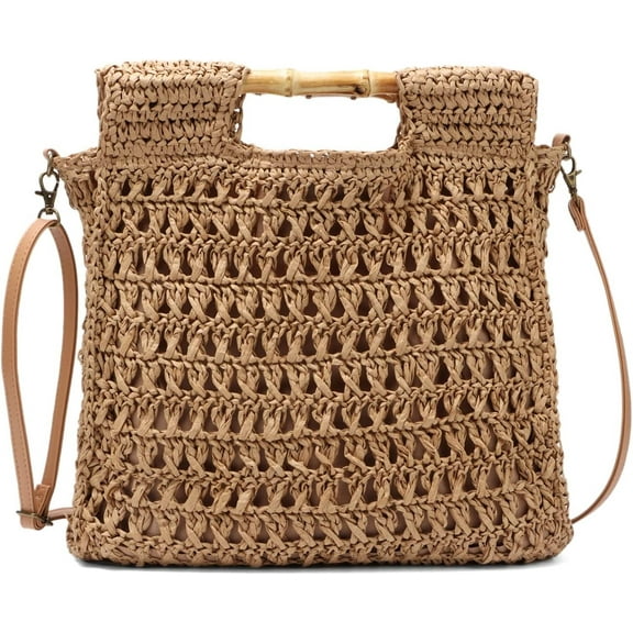 HMSHA Women Straw Beach Tote Bag Summer Large Bamboo Top Handle Handbag Hand Woven Shoulder Crossbody Purse for Travel