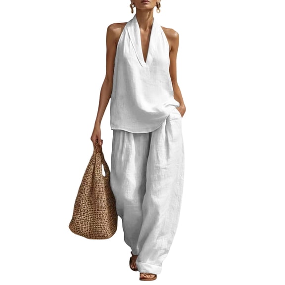 Womens Linen 2 Piece Sets Casual Minimalist Halter Neck Top and High Waisted Wide Leg Pants Summer Matching Outfit with Pockets