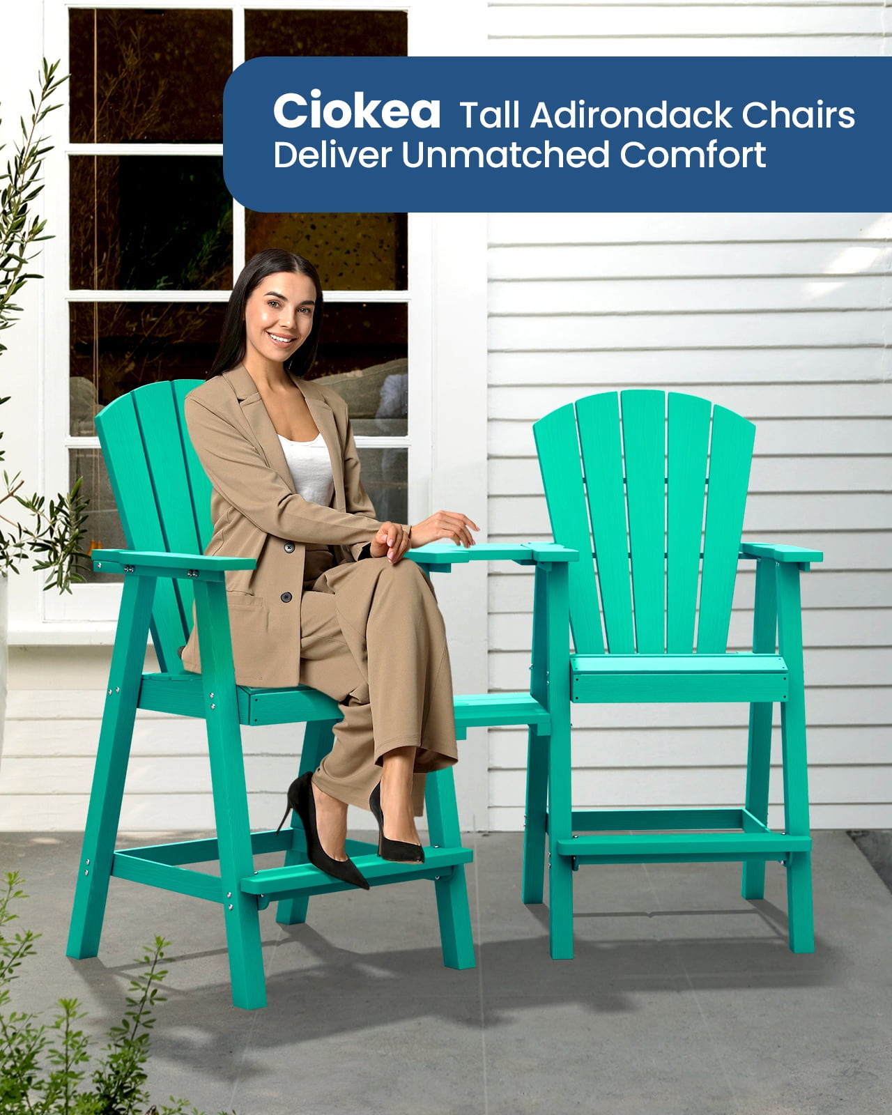 CIOKEA Tall Adirondack Chair Set of 4, All Weather HDPE Patio Chairs with Double Removable Connecting Trays for Balcony, Deck, Backyard, Patio, Garden, Baby Blue