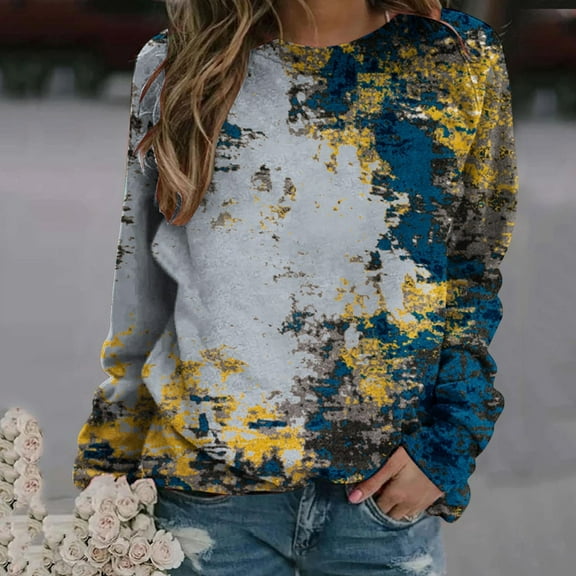 Babysbule Womens Tops Fashion Women's Casual Print Sweatshirts Thermal Crewneck Long Sleeve T-Shirts Loos