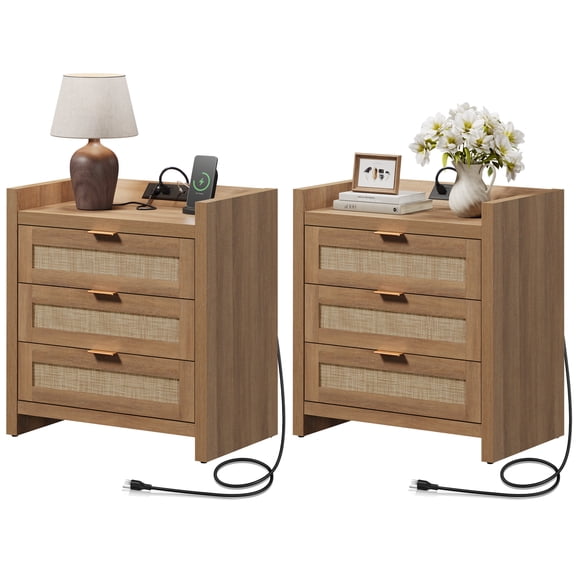 Surmoby Tall Charging Station Nightstand Set of 2, 26" Boho Bedside Tables with 3 Rattan Mesh Drawers, USB-C Port & 2 AC Outlets, Farmhouse End Tables for Bedroom