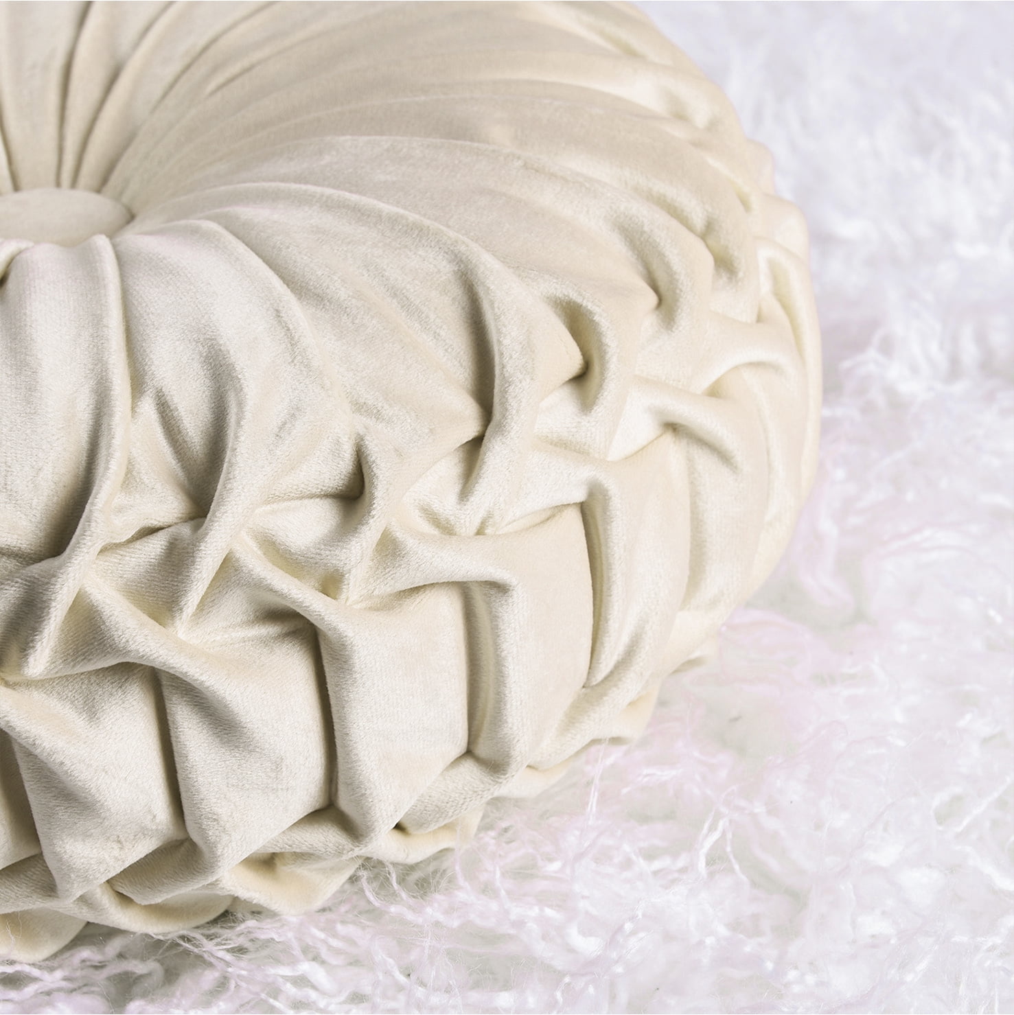 HIG Set of 2 Pumpkin Pleated Round Throw Pillows, Soft Velvet, Beige, 14.5" Diameter