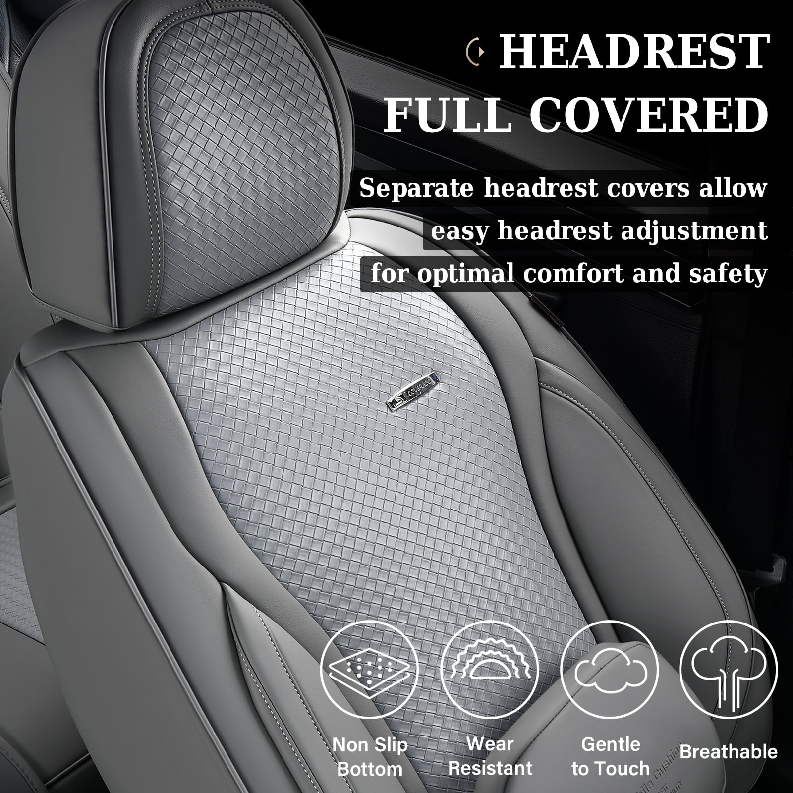 Coverado Waterproof Seat Covers For Cars, High-grade Leather Front Seat Protectors with Lumbar Support, Auto Cushions Universal Fit for Most Cars SUV Trucks, Gray