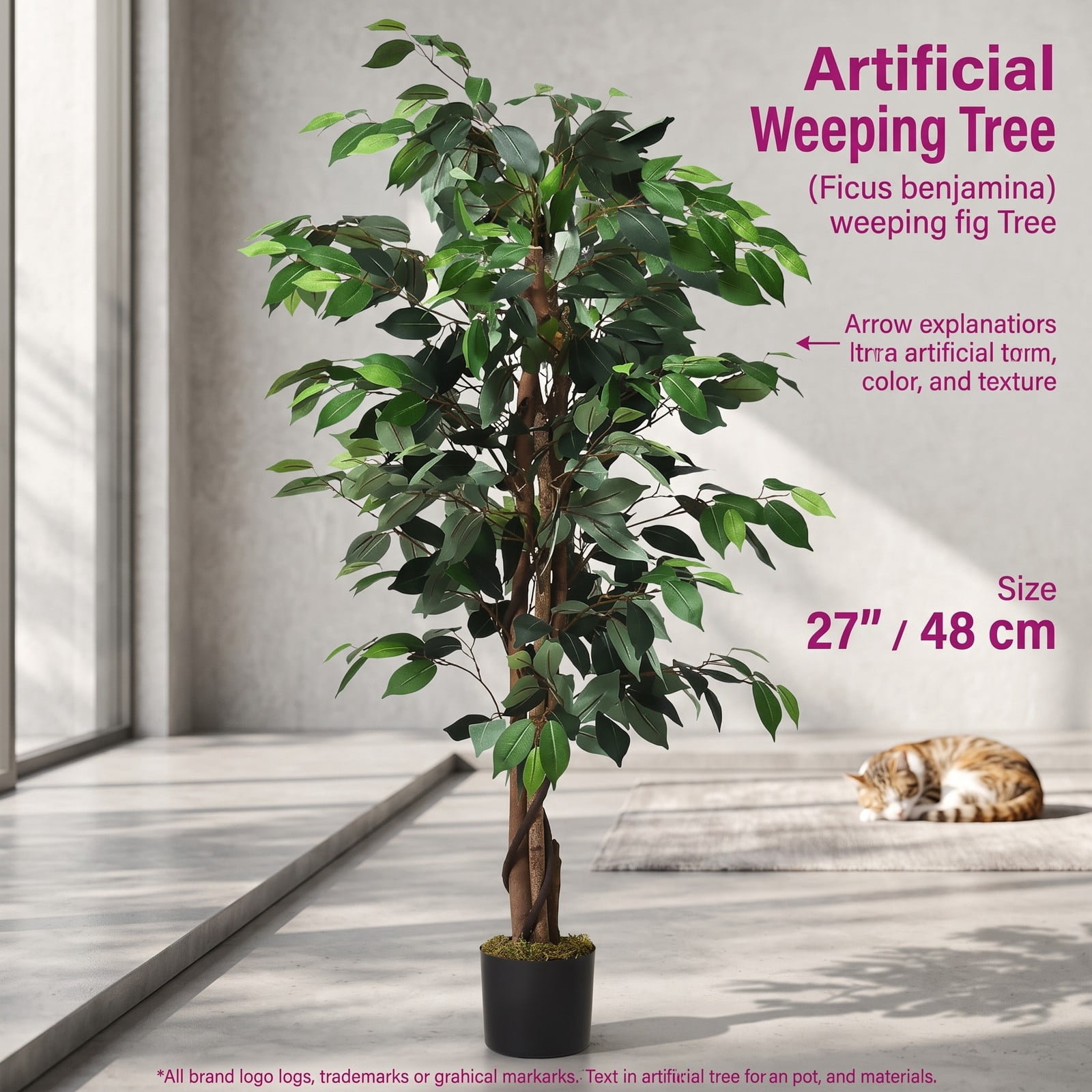 ALPULON 4 Feet Artificial Ficus Silk Tree, Indoor Outdoor Faux Ficus Plant with 504 Leaves, Hardwood Trunk and Cement Base Potted Fake Tree for Home Office, Green