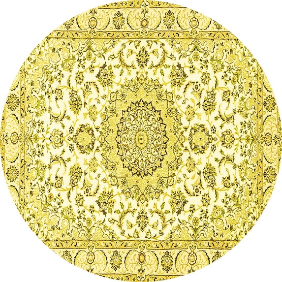 Ahgly Company Machine Washable Indoor Round Medallion Yellow Traditional Area Rugs, 4' Round