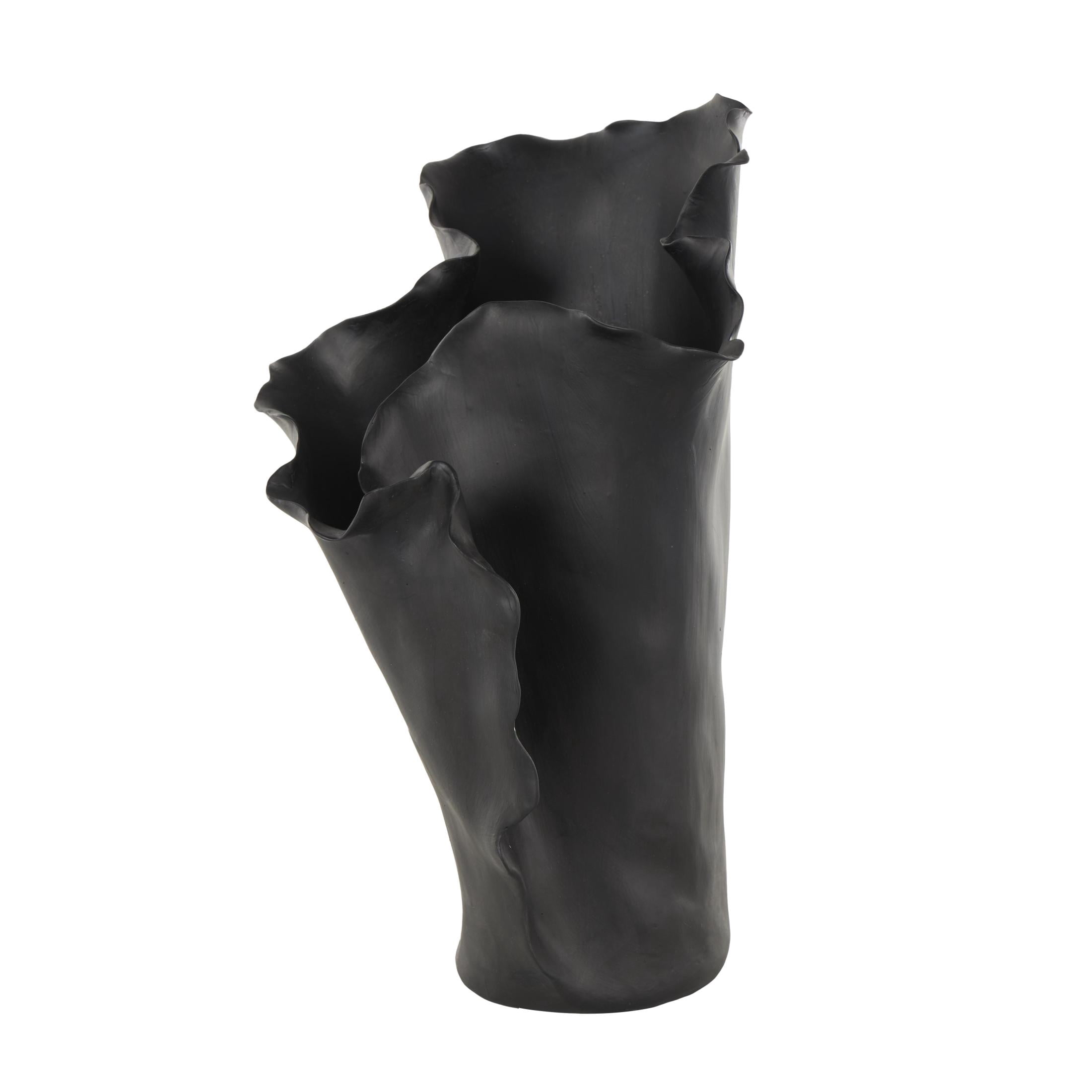 DecMode 16" Abstract Floral Inspired Black Ceramic Vase with Wavy Folded Rim