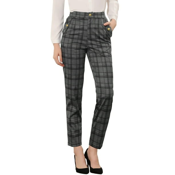 Allegra K Pantalones A Cuadros De Tartán Vintage Para Mujer Pantalones Largos Rectos De Cintura Elástica Gris Oscuro M