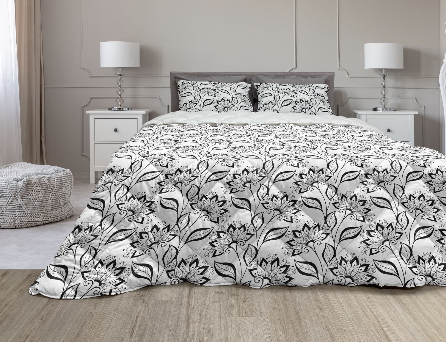 Details about   Quilt Set Black White Floral Bed Cover Twin Size Reversible Bedding Cotton Sham 