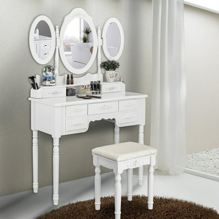 - Ktaxon Vanity Make Up Table White Dressing Table Set w/Stool 7 Drawer & 3 Mirrors Fold