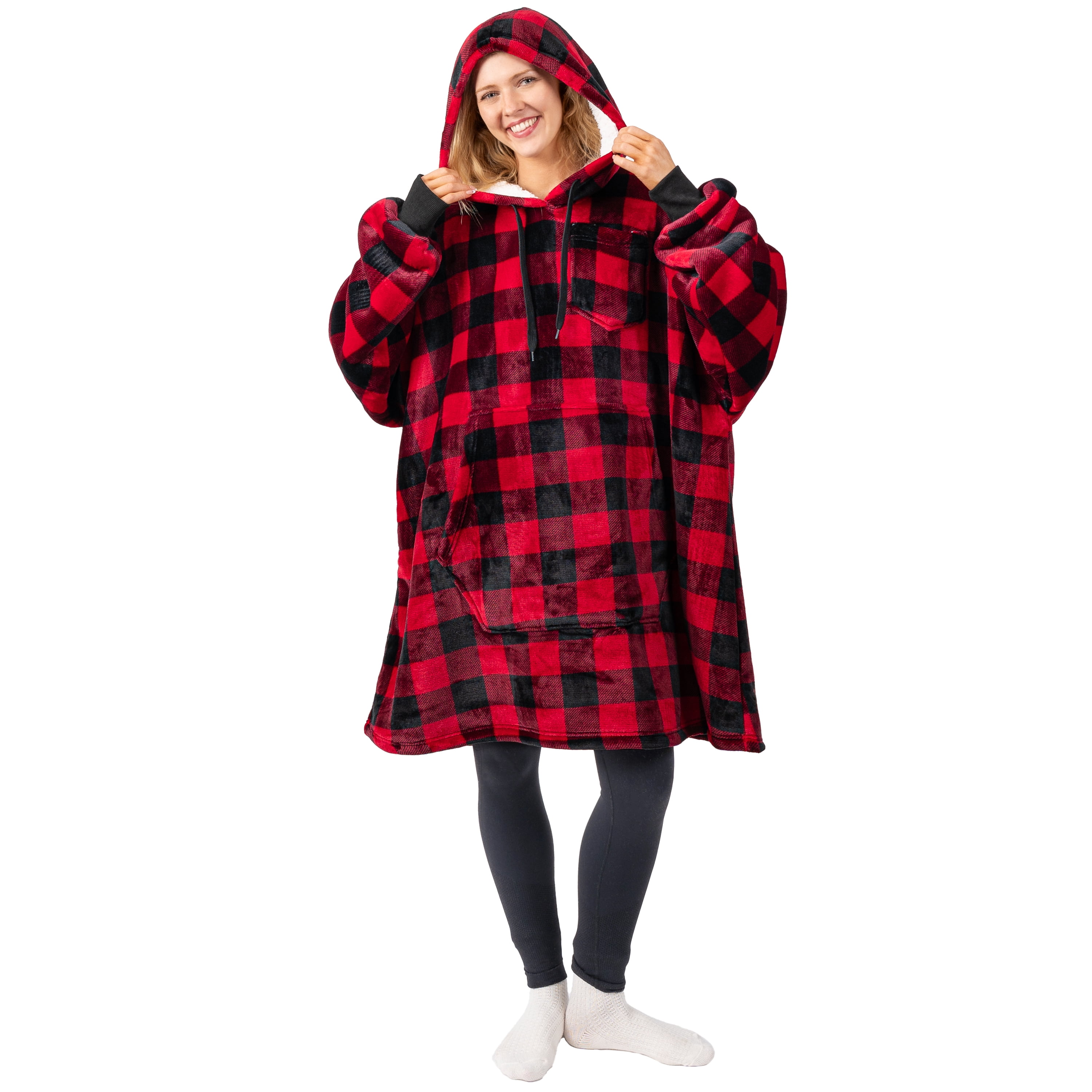 PAVILIA Blanket Hoodie for Women Red, Sherpa Wearable Blanket Men, Cozy Oversized Sweatshirt Blanket, Warm Fleece Hooded Blanket Sweater with Sleeves and Giant Pocket, Checker Red