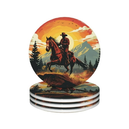 

Riding Horse Drink Coasters Cowboy Mug Coaster Mat Set 4 for Coffee Table Home Living Room Decor