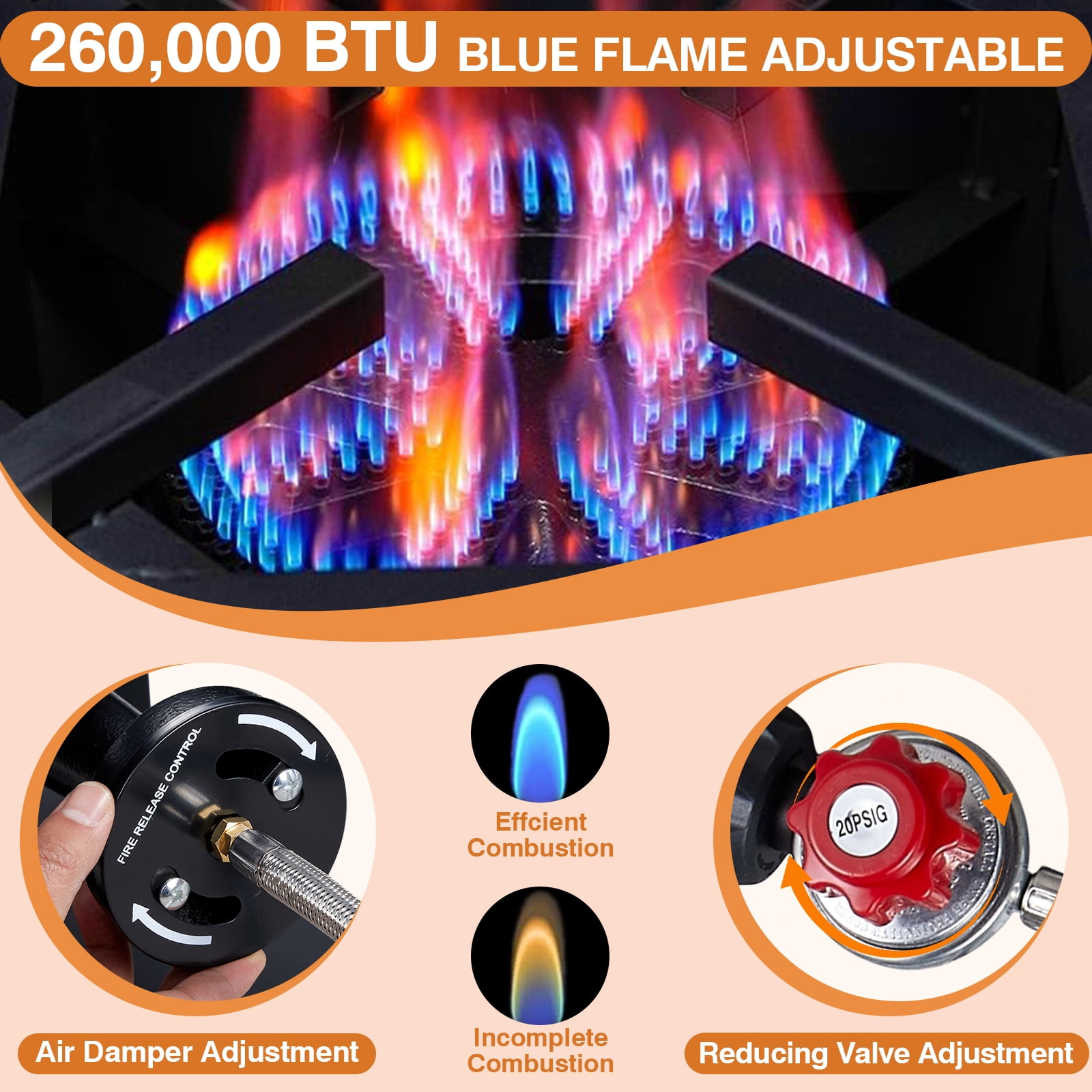 SIXDAY 260,000 BTU Propane Burner Stove, Heavy Duty Gas Camping Stove with 0-20 PSI Regulator & Steel-Braided Hose for Turkey Frying and Brewing