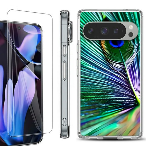 For Google Pixel 9 Pro XL Phone Case Cover, Shockproof Bumper Case with Tempered Glass Screen Protector, by OneToughShield - Peacock Feather