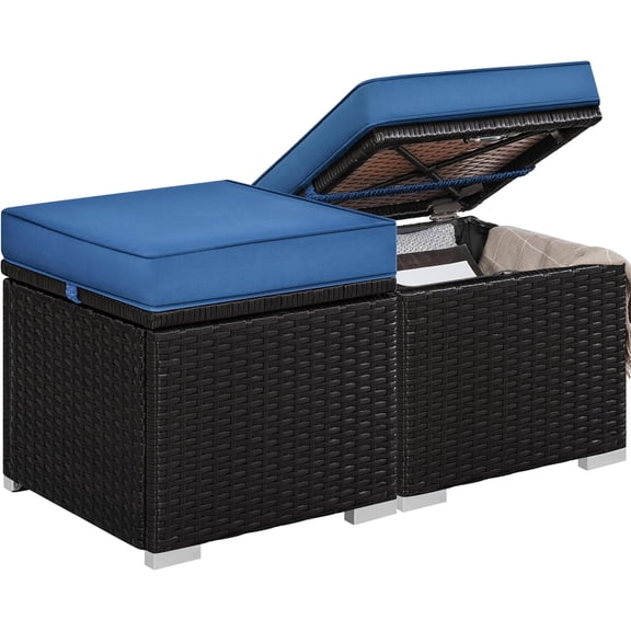 MorandiMal Wicker Ottomans, Set of 2 Patio PE Rattan Side Tables with Hidden Storage & Removable Cushion, Outdoor/Indoor Footstools, Additional Seating for Garden/Balcony/Yard, Brown/Dark Blue