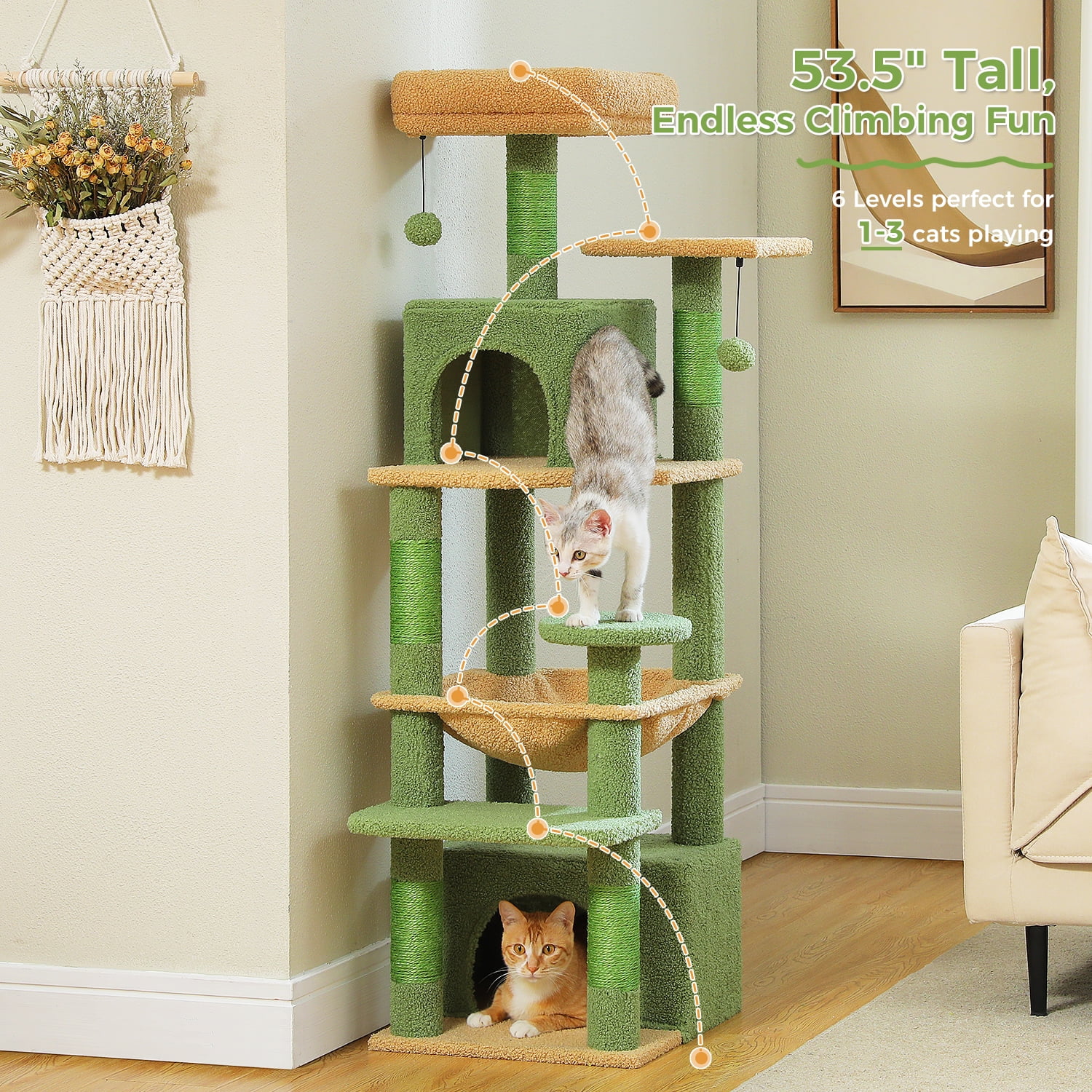 Pefilos 53" Tall Cat Tree Tower with Spacious Hammocks, Condos and Scratching Posts, Cat House with Dual Padded Perches for Indoor Large Cats, Green
