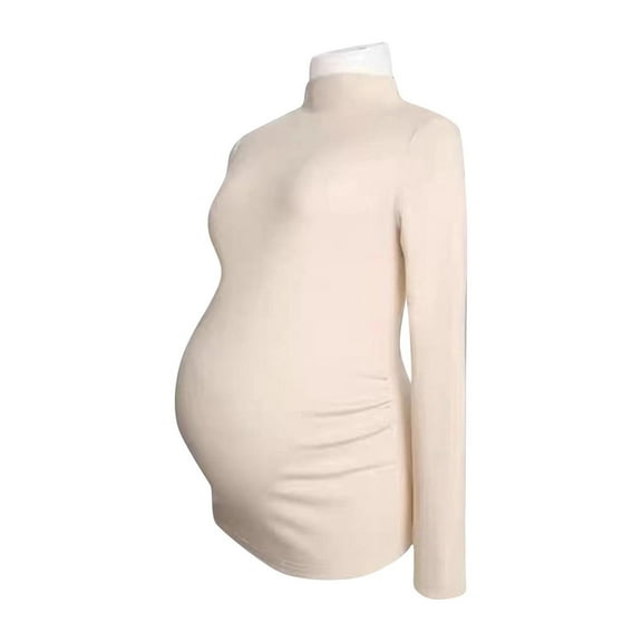 Tao Tao Maternity Shirt Mock Neck Long Sleeve Bodysuit for Pregnant Photoshoot Beige M