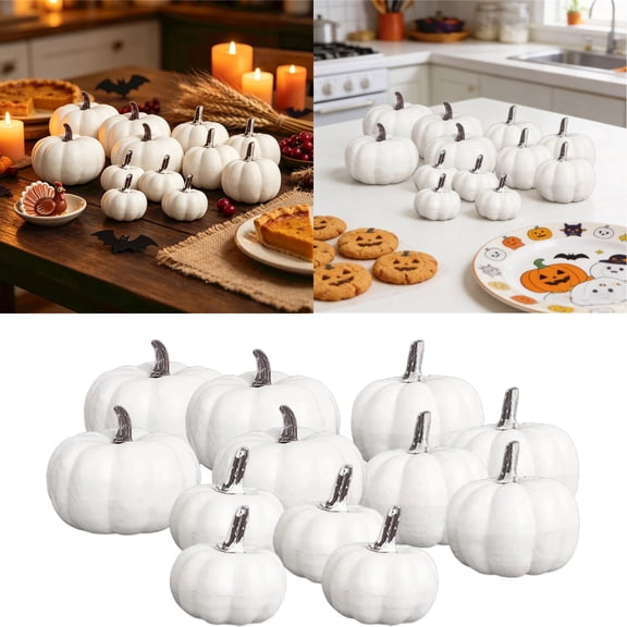 12-Piece White Foam Faux Pumpkin Set, Assorted Large Medium Small Pumpkins, Rustic Farmhouse Decor for Halloween Thanksgiving DIY Crafts & Tabletop Decor