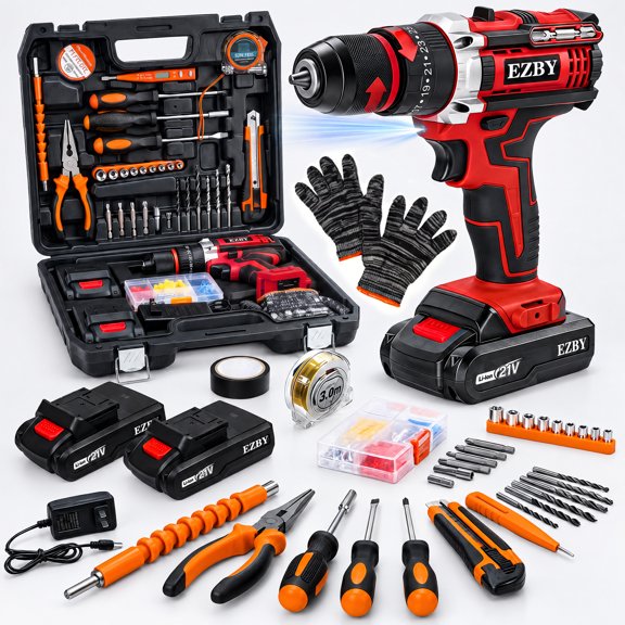 EZBY 21V Cordless Drill Tool Set, 96-Piece Home Repair DIY Kit with 2×2000mAh Batteries, 2-Speed, 45Nm Torque, 3/8" Keyless Chuck, Portable Storage Toolbox,Red