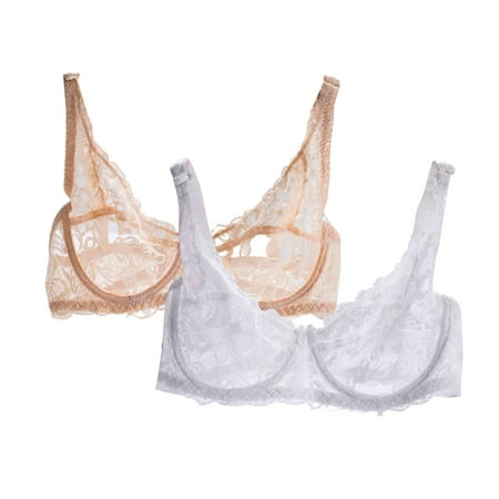 Huvoen Push Up Bras for Women 2PC Sexy Bra Sheer Lace Lingerie Bras Steel Ring Gathering Bra Underwear Daily Bras Beige xl