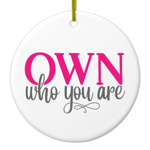 DistinctInk Hanging Ceramic Christmass Tree Ornament with Gold String - Great Gift / Present - 2 3/4 inch diameter - OWN Who Your Are
