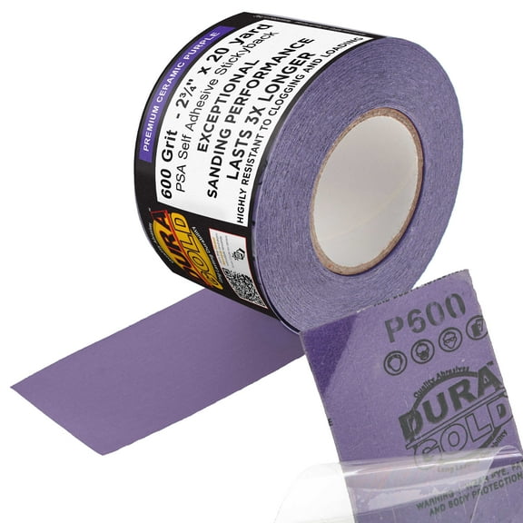 Dura-Gold Premium 600 Grit PSA Purple Film Ceramic Longboard Sandpaper, 2-3/4" Wide Continuous 20 Yard Roll - Self Adhesive Stickyback for Auto & Wood Air File Long Board Sanders