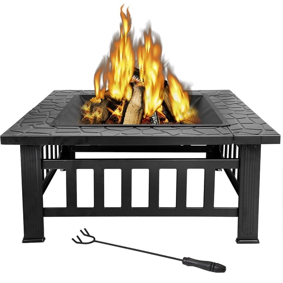 32” Heavy Duty Square Fire Pit Outdoor Metal Firepit Wood Burning Fireplace w/Waterproof Dust Cover Patio Backyard Garden Stove Faux-Stone Finish