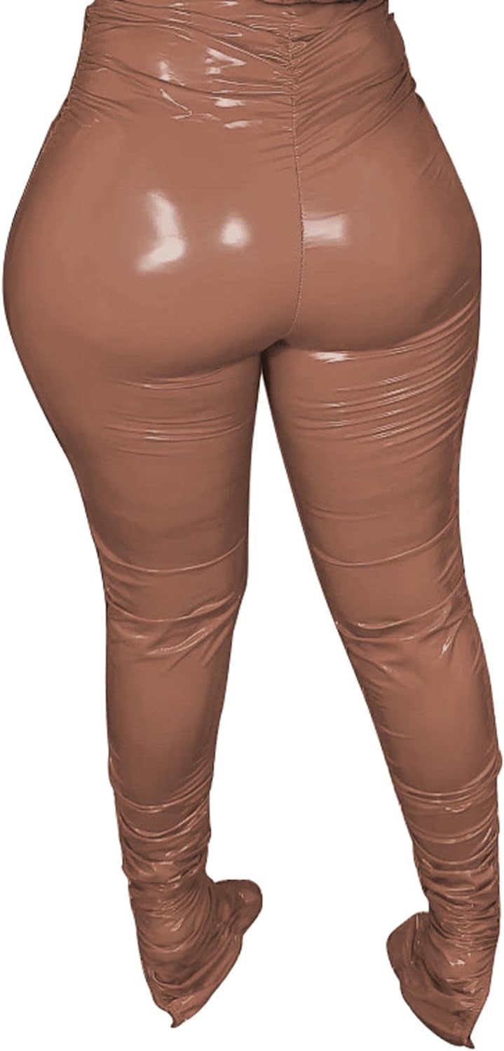 HLSOHJP Women's Pleated PU Leather Pants High Wasit Bodycon Ruched Split Hem Faux Leather Club Legging Trousers