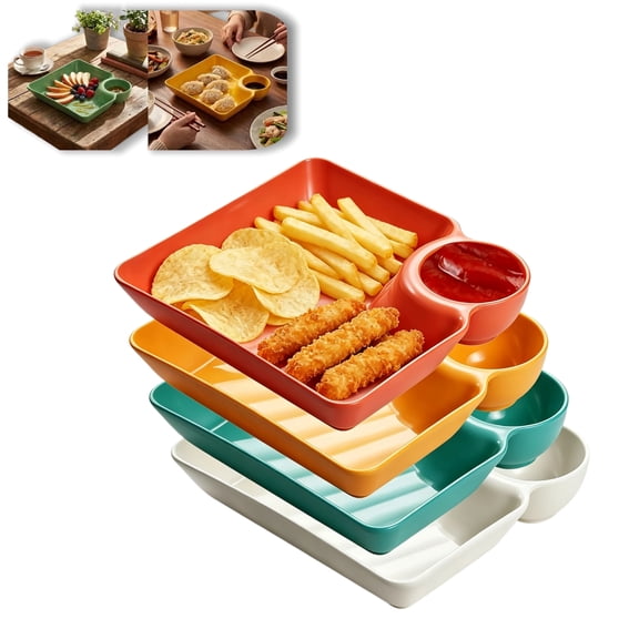 4 Pack 8 Inch Divided Serving Plates with Built-In Dipping Cup, Food-Grade PP Plastic Chip and Dip Plates