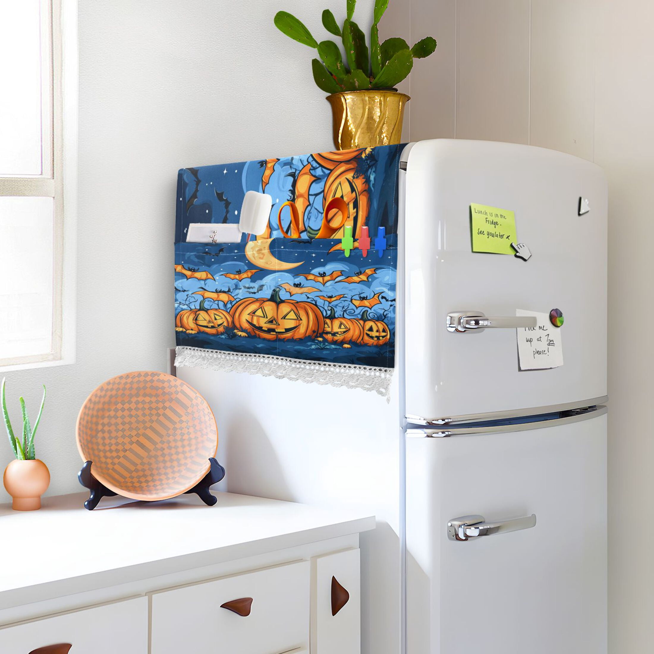Halloween PumpkinsWasher and Dryer Covers Dust-Proof and Oil Resistant Fridge Cover with 4 Storage Pockets Washing Machine Top Cover for Laundry Kitchen Home 51.2 x 22 In