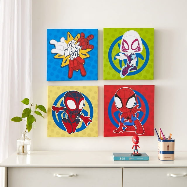 Idea Nuova Spidey And His Amazing Friends, Juego De 4 Lienzos Cuadrados Para Pared, 11.0 X 11.0 In Cada Uno Para Dormitorio