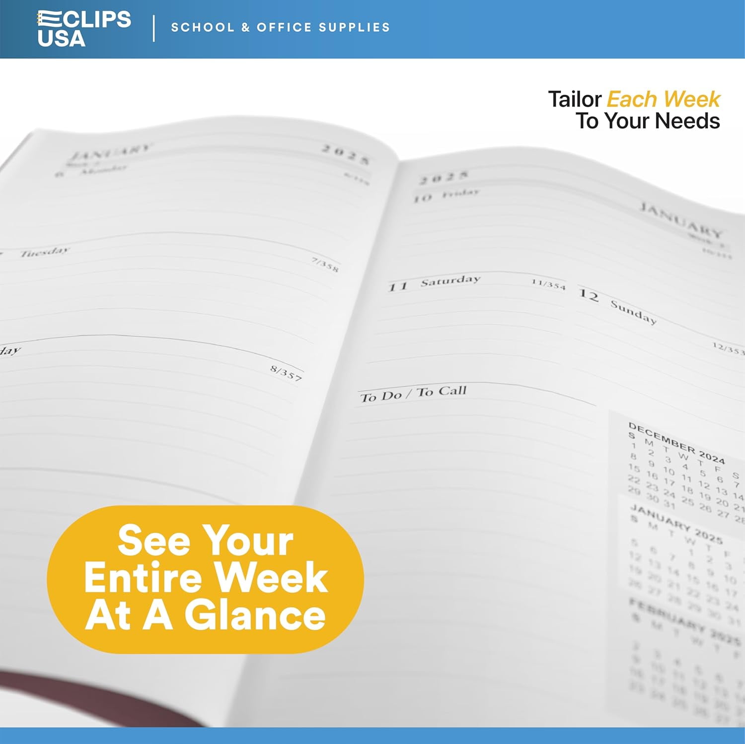E-Clips USA Executive Series 2025 Weekly Planner Calendar Planner Notebook, 3” x 6”, 24-Pack