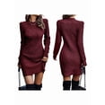 thumbnail image 3 of Chandail Femme Court Élégant Manches Longues Col Rond Ajusté Habillé Automne Hiver Mini Robe Tricotée Rouge Vin G, 3 of 7