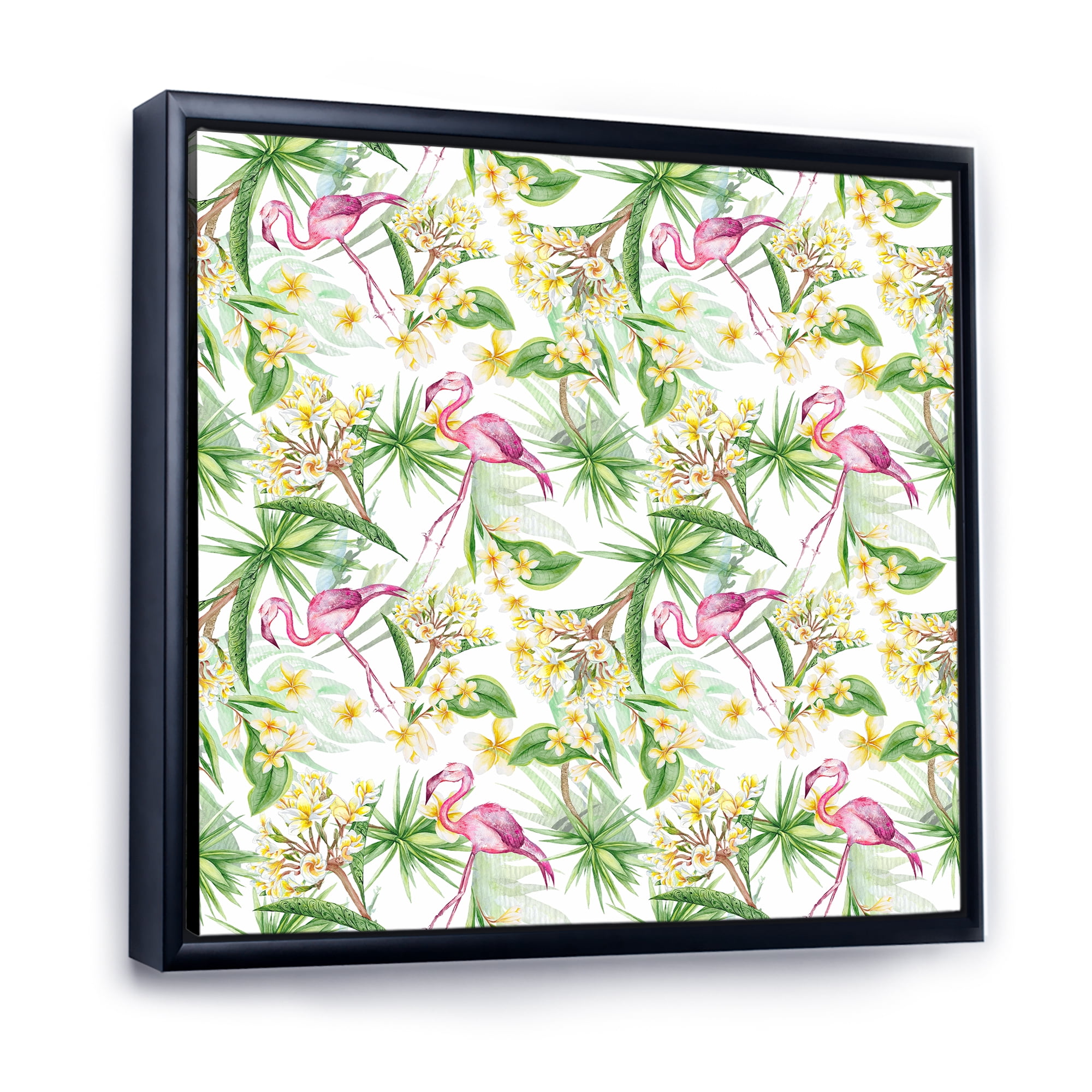 Designart 'Yellow Flowers, Tropical Foliage With Flamingo IV' Modern Framed Canvas Wall Art Print