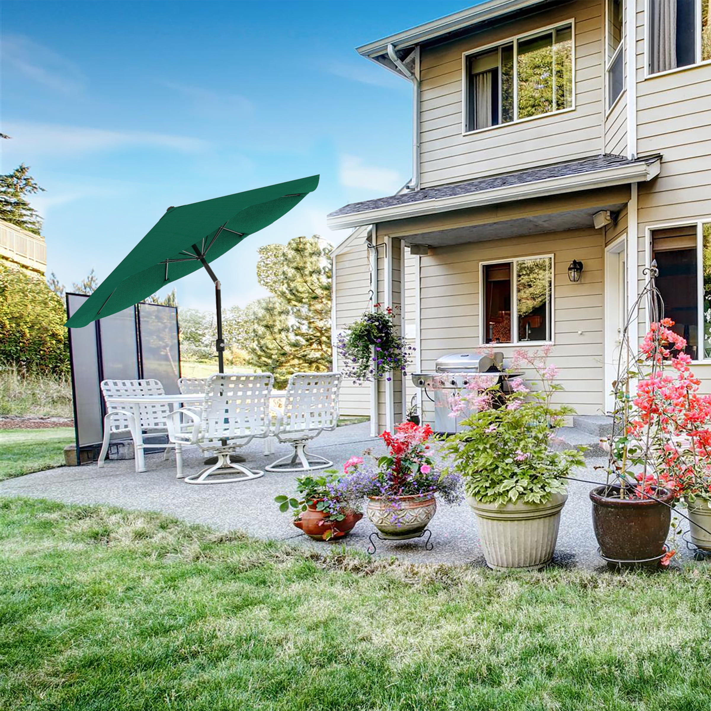 hunter green patio umbrella Treasure Garden 9ft. Wood Pole Sundown Ski & The Sun Umbrella Outdoor Patio Shade by Pure Garden is an attractive piece of outdoor dcor that provides quality sun protection whether youre entertaining guests on the deck or lounging by your swimming pool Pure Garden 10FT Patio Umbrella