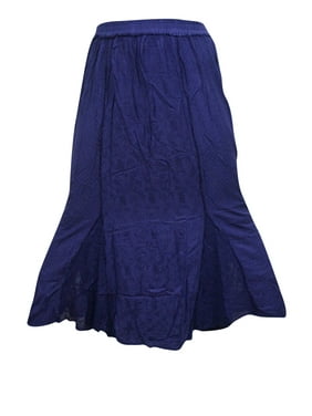 Mogul Women's Maxi Blue Embroidered Elastic Waist A line Skirt