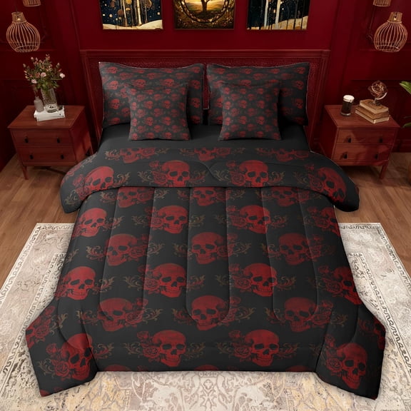 jejeloiu Gothic Skull 7-Piece Twin Bedding Sets,Red Black Bedding Comforter Set For Boys Girls Reversible
