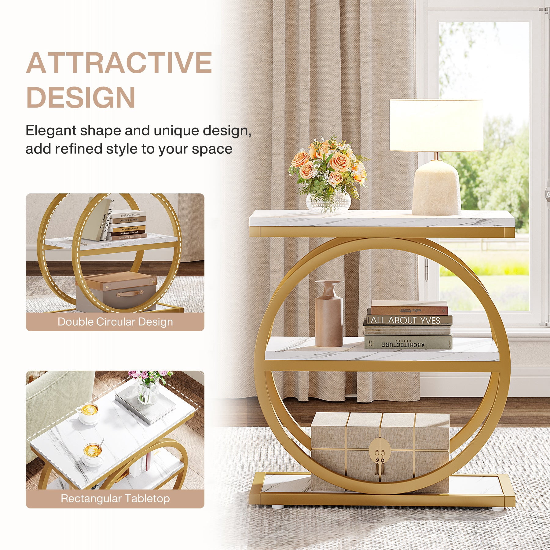 Fnova Side Table with Circular Metal Frame, End Table with 3-Tier Shelves for Living Room, White Gold