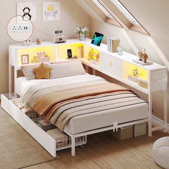 Twin Daybed with Storage Bookcase and Shelves,Twin Corner Bed Frame with 2 Storage Drawers, Metal Platform Bed with Charging Station and LED Lights, Corner Bed Frames for Bedroom,Living Room, White