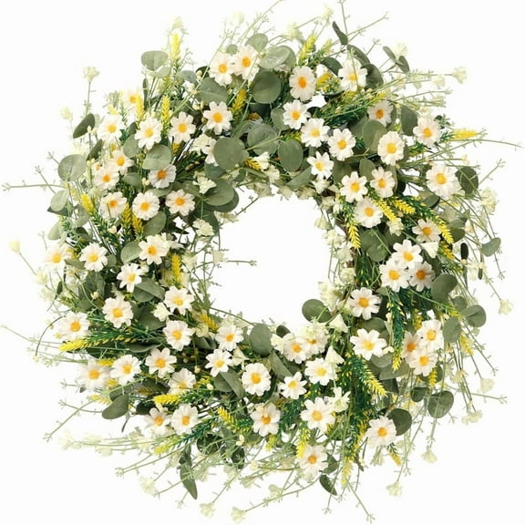 24 Inch Spring Summer Wreath, Artificial Daisy Wreath with Silk Flowers, Eucalyptus & Lavender - Wreaths for Front Door, Front Porch Decor, Farmhouse Window Wall Wedding Festival