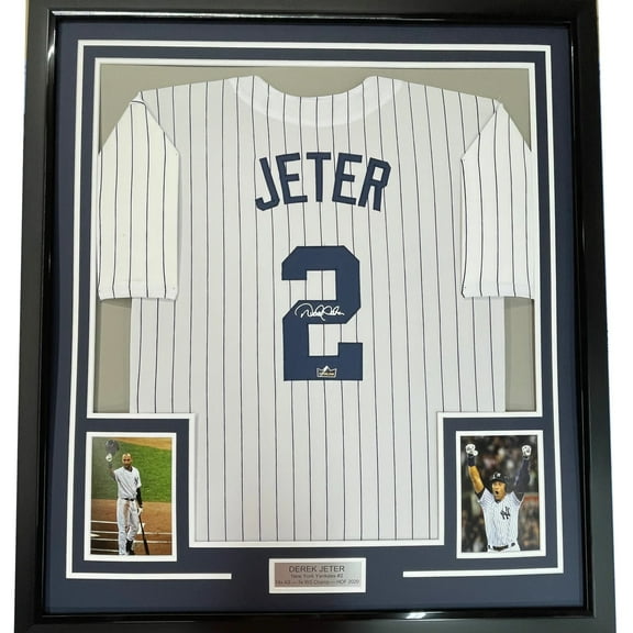 Framed Facsimile Autographed Derek Jeter 35x39 New York Pinstripe Reprint Laser Auto Baseball Jersey