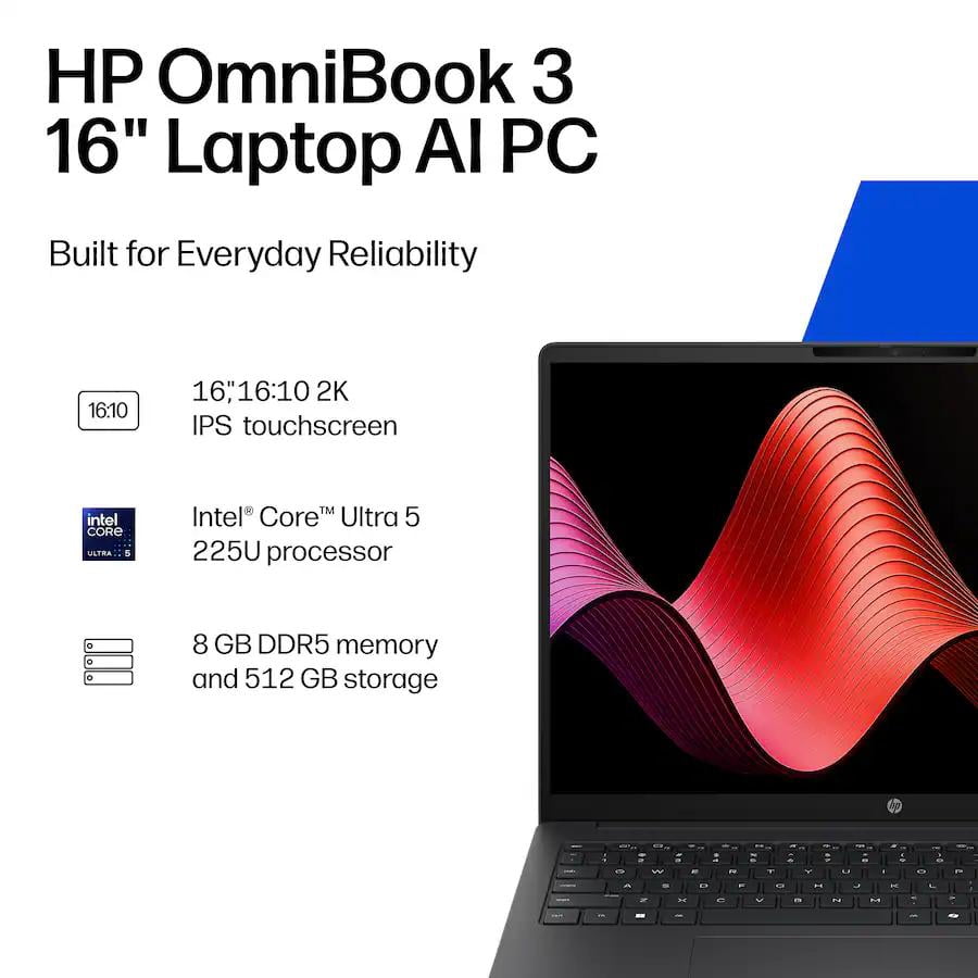 HP - OmniBook 3 16" 2K Touchscreen Laptop - Intel Core Ultra 5 (2025) - 8GB Memory - 512GB SSD - Mica Silver