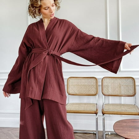 

Kimono Pajamas 2023 New 100% Cotton Crepe Long-Sleeved Trousers Ladies Sleepwear Suit Women s Home Service Mujer