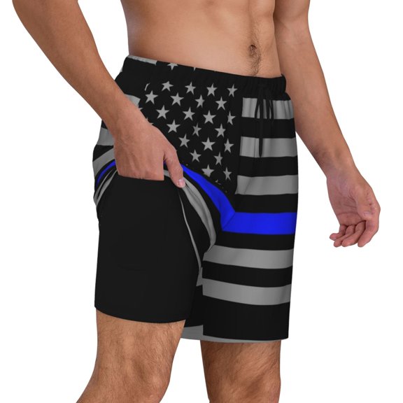 Men's 2 in 1 Swim Trunks with Compression Liner Distressed Police Style Flag Quick Dry Beach Shorts