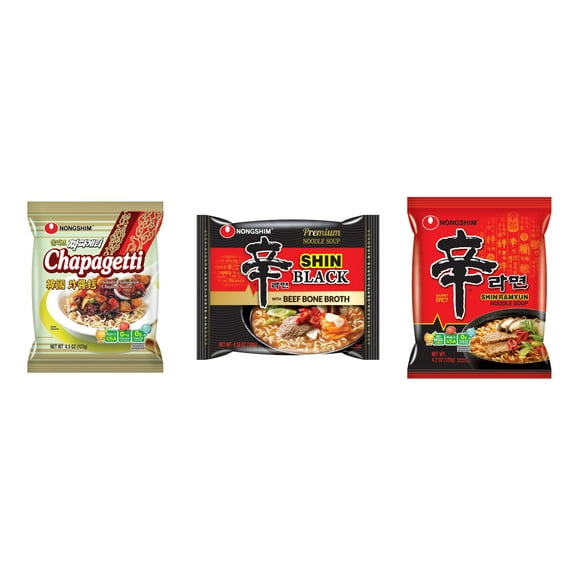 3 Pack Korean NongShim Gourmet Spicy Shin Instant Ramen Noodle, 3 Flavors(chapagetti,shin black,shin red) Plus NineChef Brand Long Handle Coffee Spoon