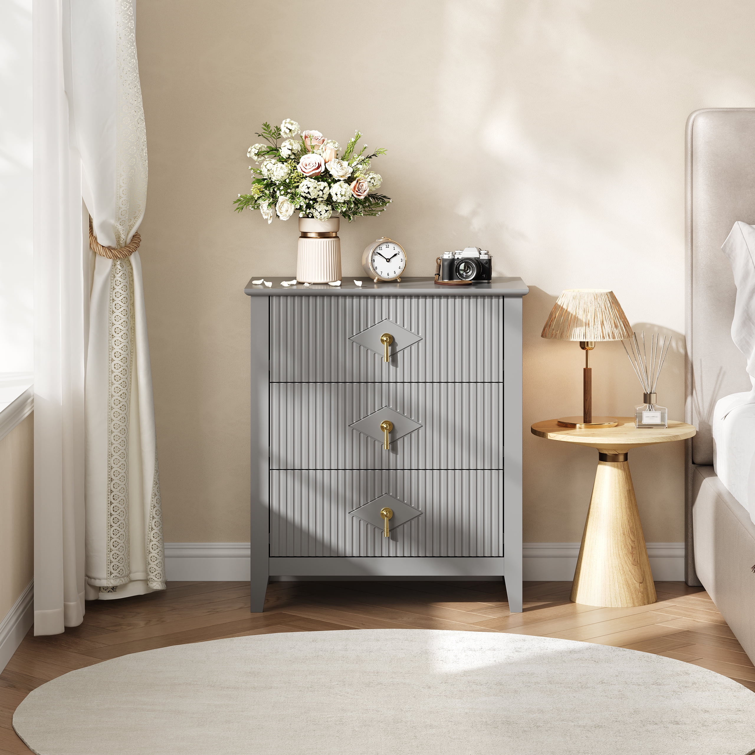 Gray Fluted Dresser for Bedroom, 32 Inch Wide Nightstand with Large Drawer, 3 Drawer End Table for Bedroom, Living Rooms, Offices, and Entryways