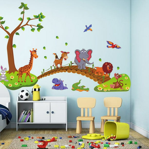 Kawaii Grands Animaux de la Jungle Pont PVC Stickers Muraux Enfants Chambre Fond d'Écran