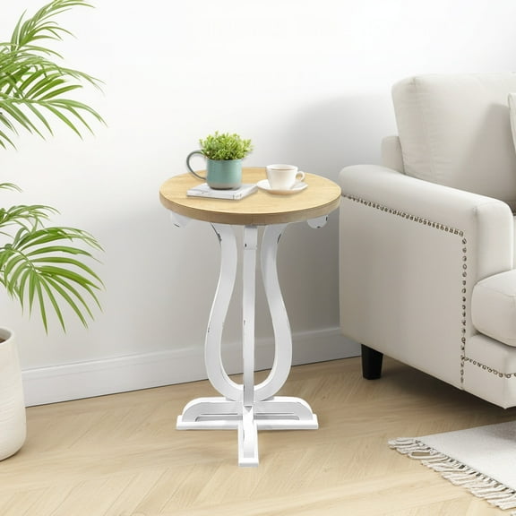Parisloft Farmhouse Wood Round End Table, Natural Wood and Distressed White, 15.75"Dia x 24.75"H