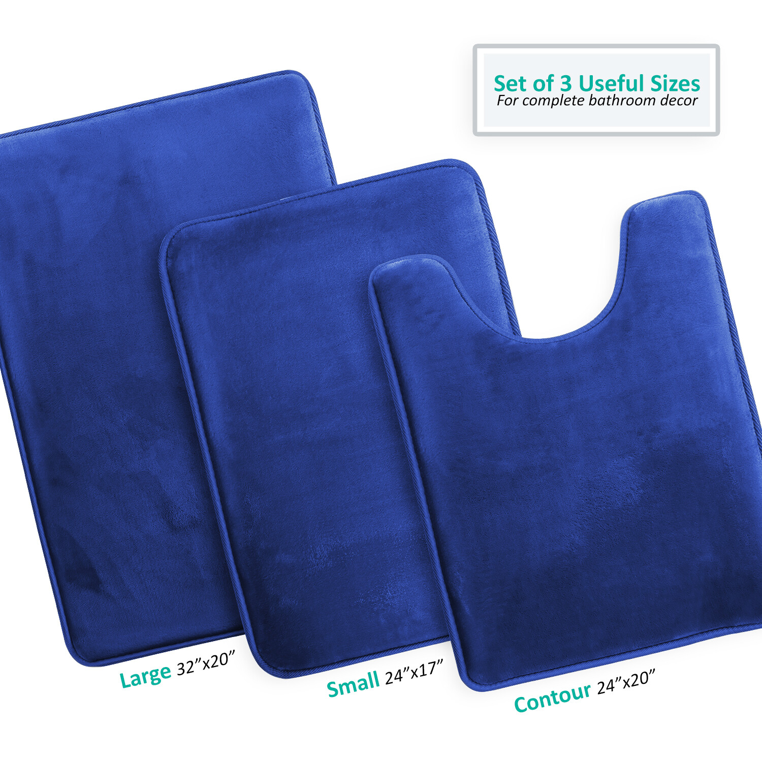 SSyao 3PC Bathroom Rug Memory Foam Bath Mat Set - Small Large and Contour Bath Rugs,Blue