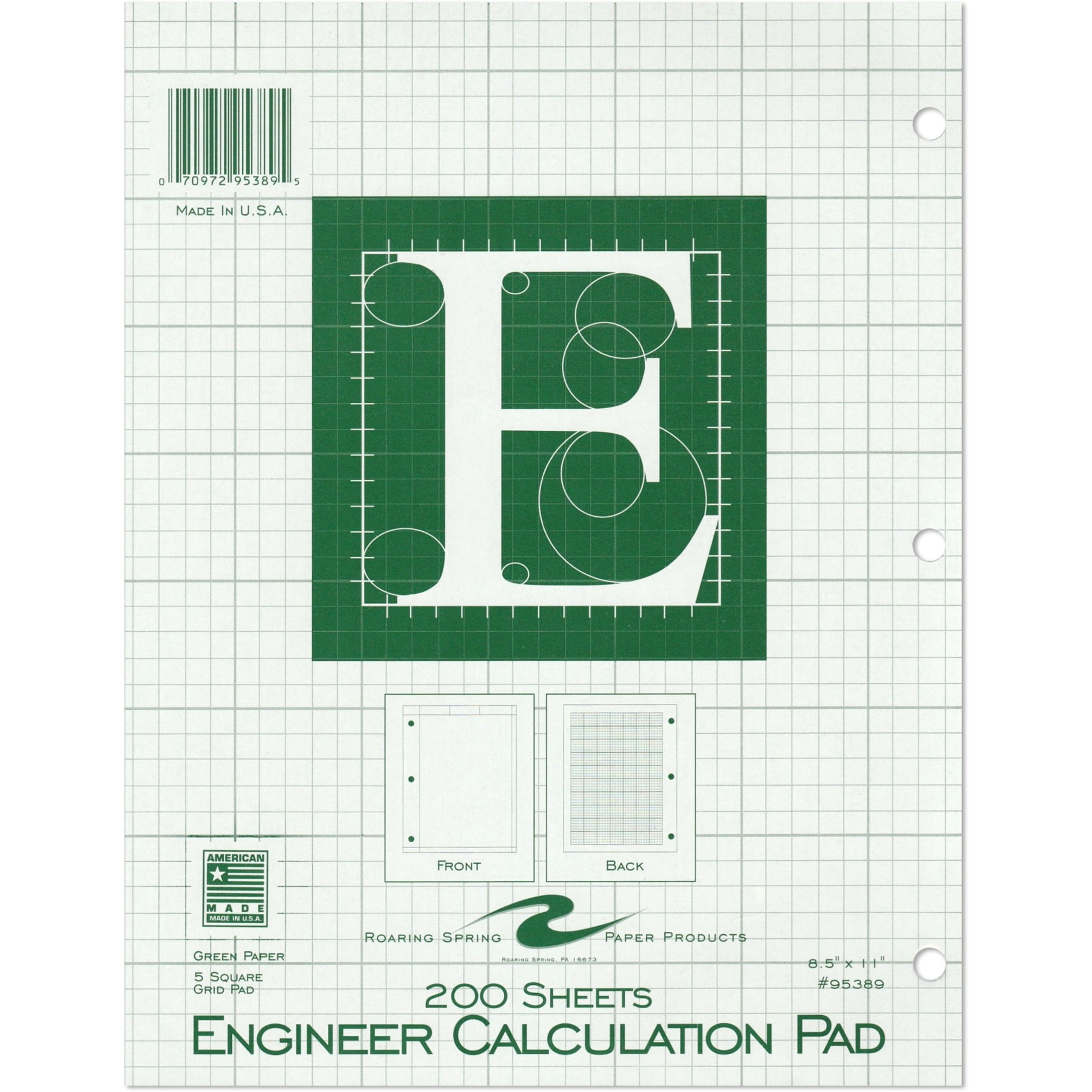 Roaring Spring Engineering Pad, 12-Pack, 8.5" x 11", 200 Sheets 15# Green Paper, 5x5 Printed Back Enclosed Grid, Top Glued, 3-Hole Punched, Proudly Made in USA, Heavy Backing Board