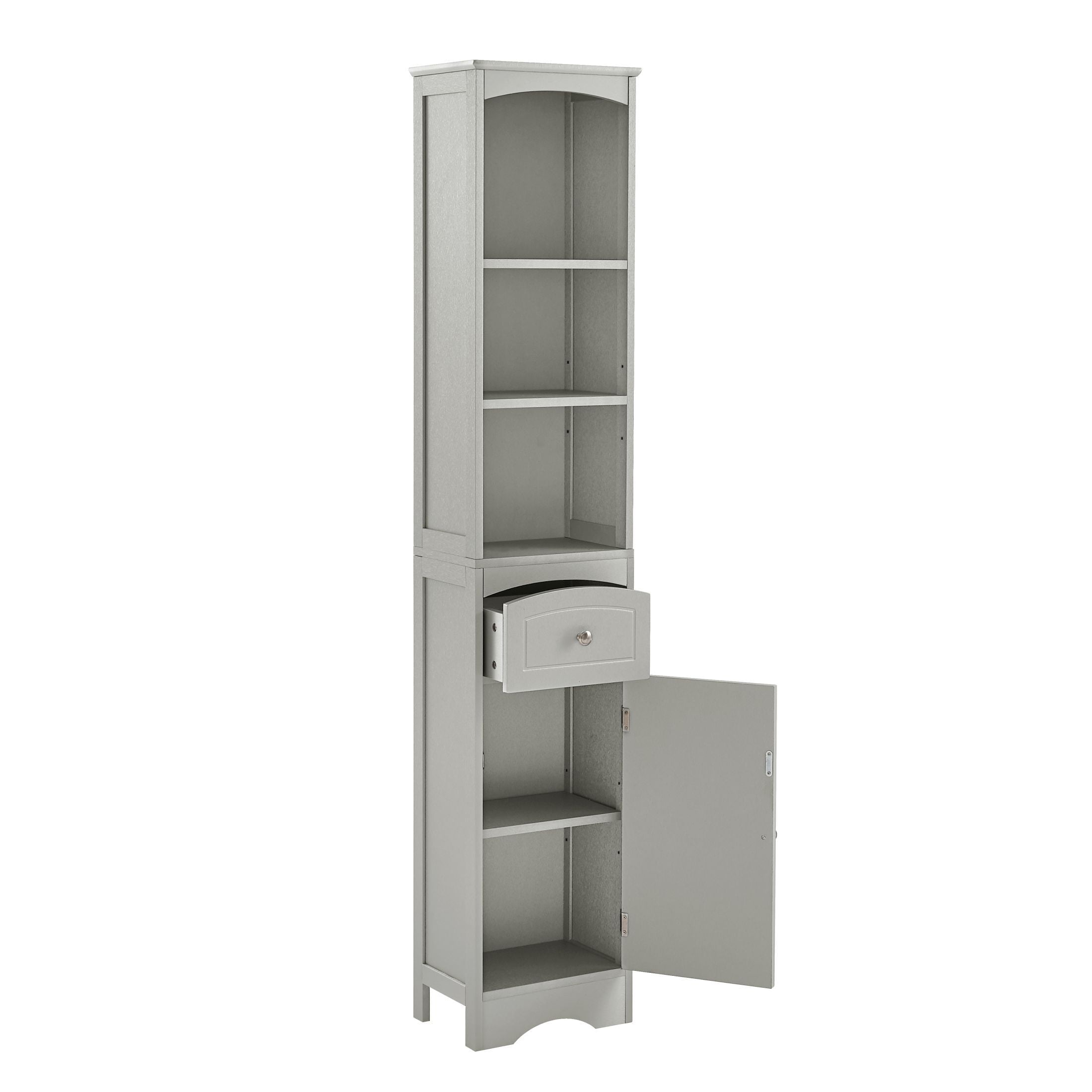 AENKYO Bathroom Cabinet with Adjustable Shelves, High Storage Cabinet with Open Spaces and Drawer, Gray